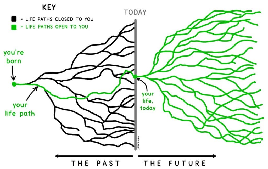 Life paths diagram: one green path through the past, many open green paths into the future