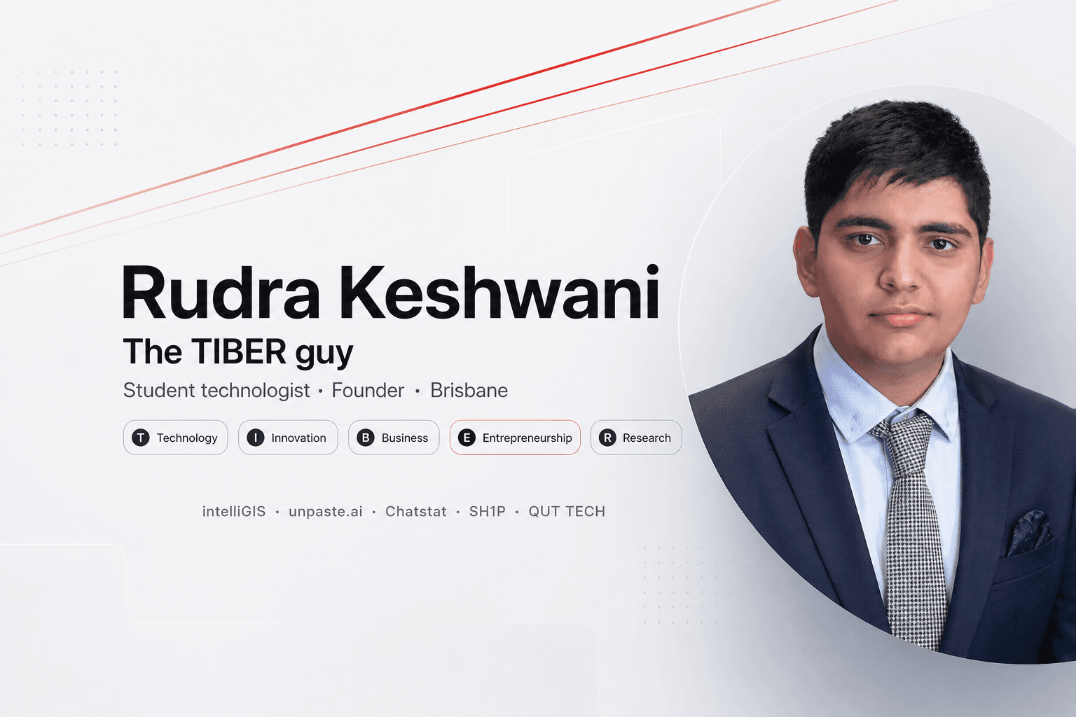 Rudra Keshwani — The TIBER guy personal brand banner