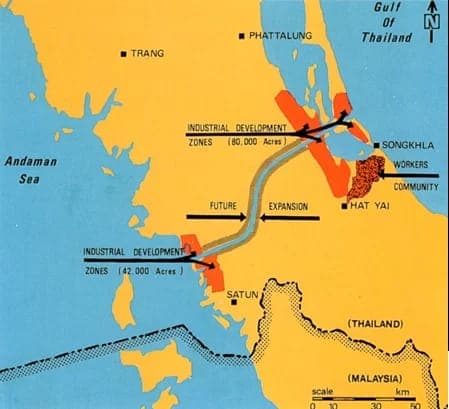 Map of the proposed Kra canal route between Satun and Songkhla with industrial zones
