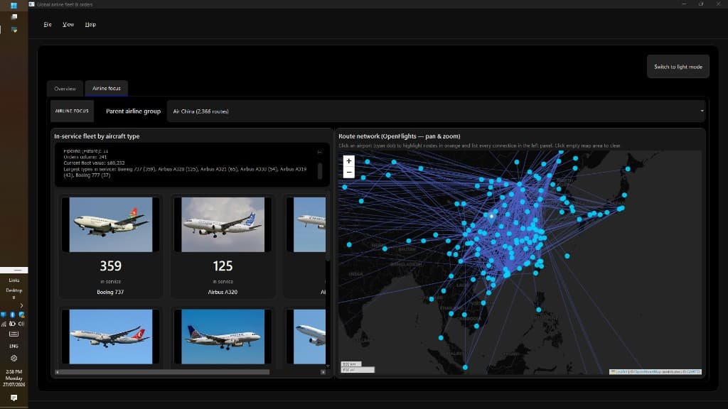 Airline Data Explorer showing Air China fleet cards and route network map