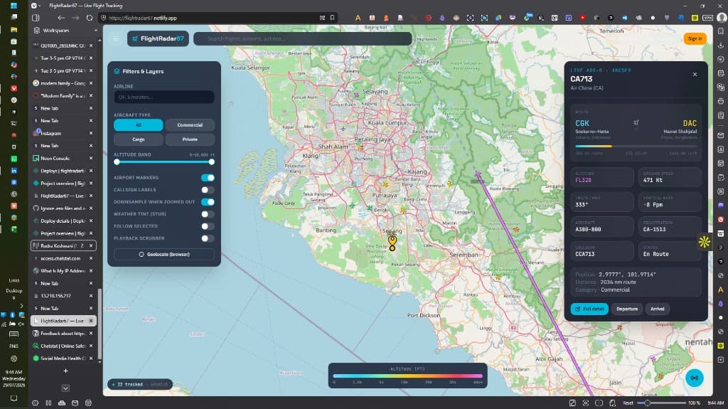 FlightRadar67 Cesium globe with live ADS-B traffic, altitude colouring, and selected flight trail