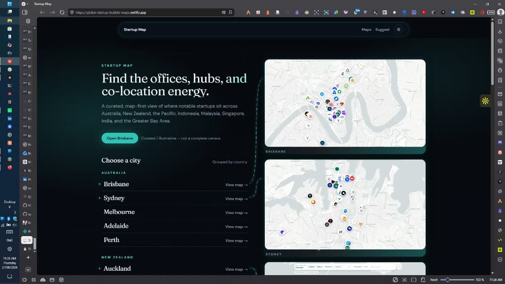 Startup Map landing page with Brisbane and Sydney bubble-map previews on a dark teal grid