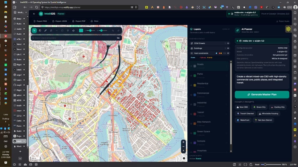 IntelliGIS planner with Brisbane map and AI master-plan prompt
