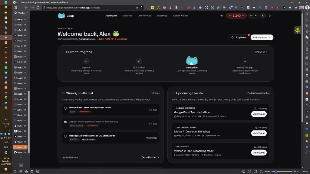 Leap Ahead student hub dashboard with progress stages and weekly to-dos