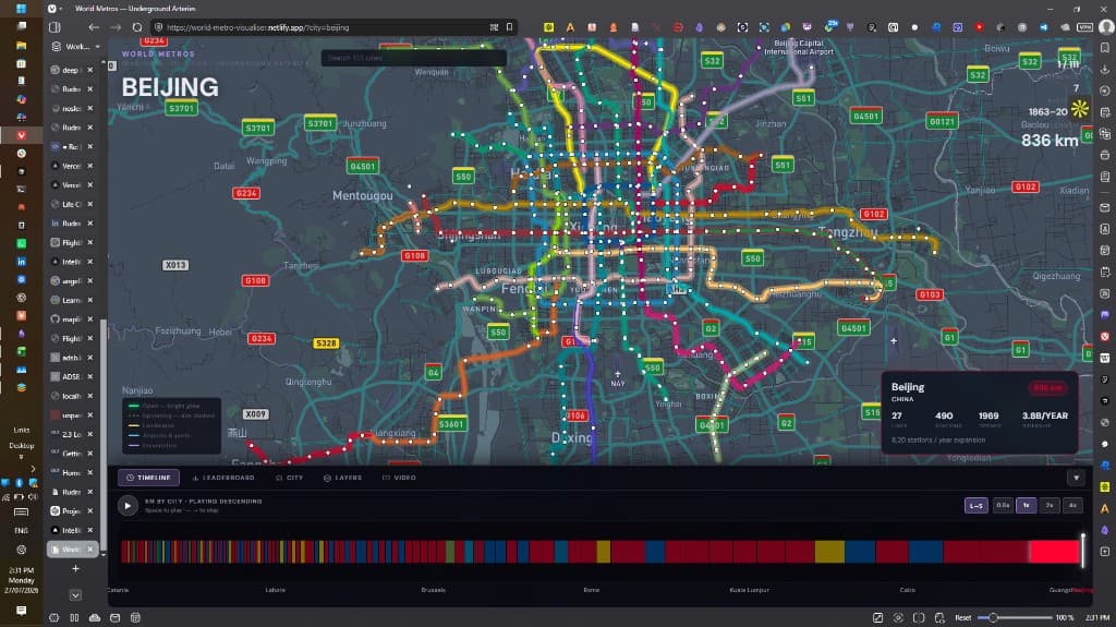World Metro Visualiser showing Beijing metro network on a dark map